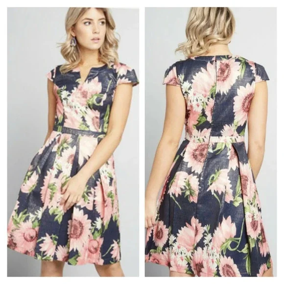 ModCloth Navy Pink Floral Fit Flare Dress Cap Sleeve Garden Party Brunch Dress - Picture 9 of 9